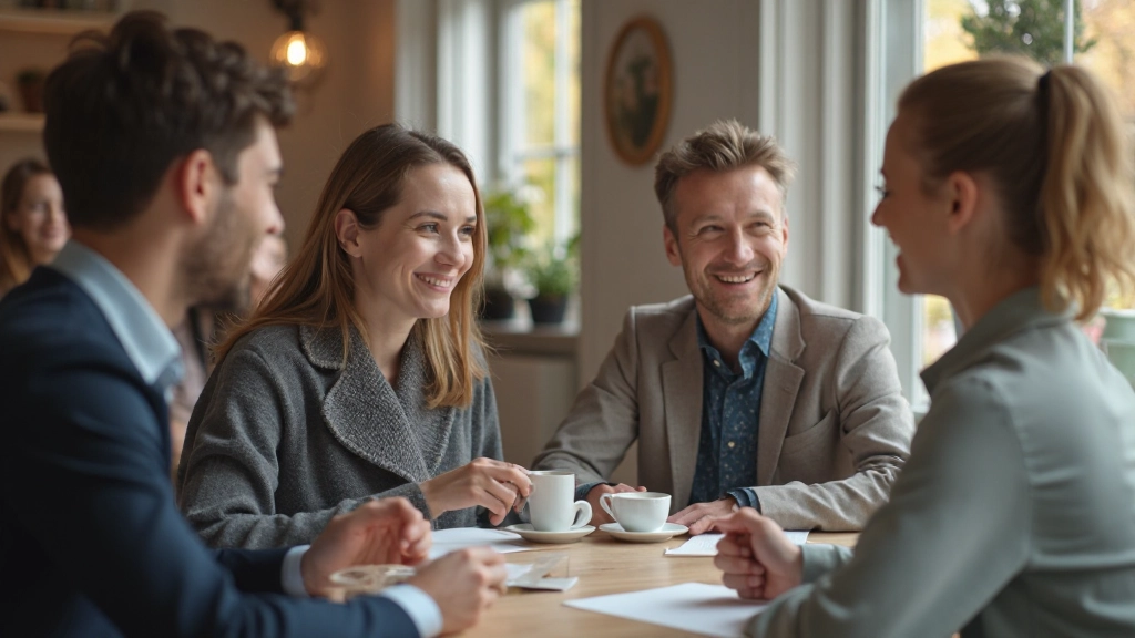 Kantoor team in ontspannen teammeeting met kopjes koffie, glimlachend en samenwerking, gezellige werksfeer