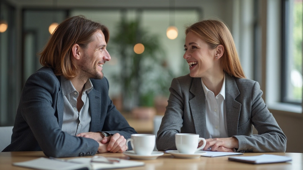 Twee collega's hebben een respectvolle conversatie aan tafel met notitieblok en koffie, open lichaamstaal en glimlach, professionele omgeving
