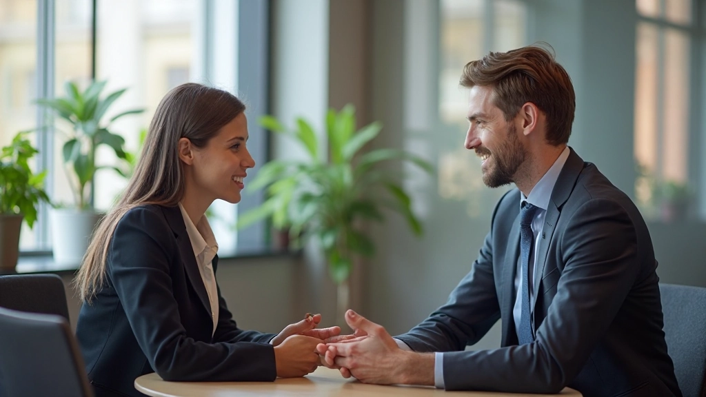 Twee professionals in gesprek bij een ronde tafel in een licht kantoor, beide rustig en gefocust, natuurlijk licht van het raam